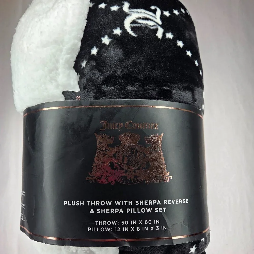 NWT Juicy Couture Black Plush Sherpa Dog Throw & Pillow